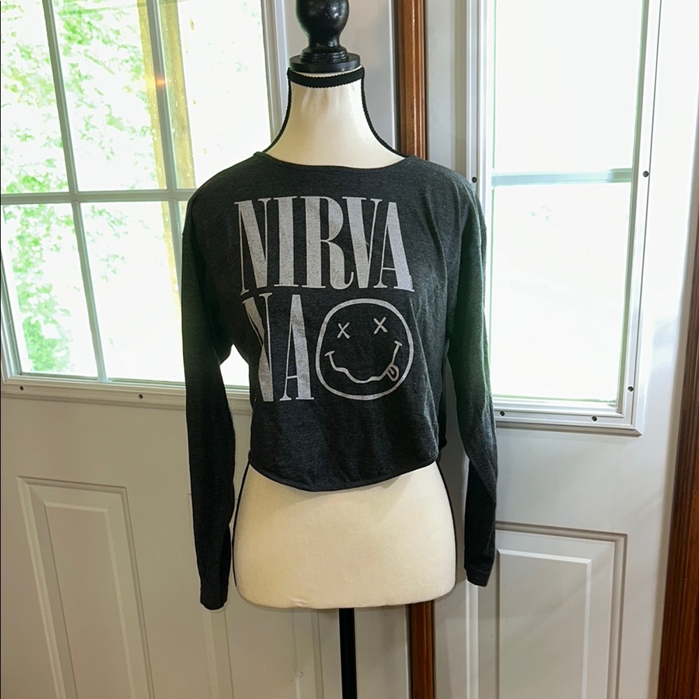 NIRVANA Charcoal Graphic Long Sleeved Crop Top